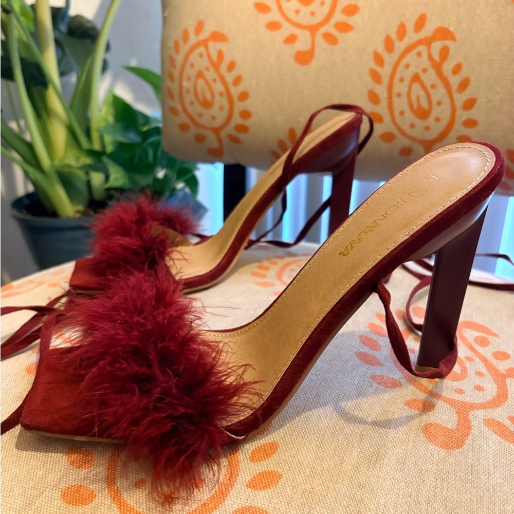 Fashion Nova Maroon Feathered Heels